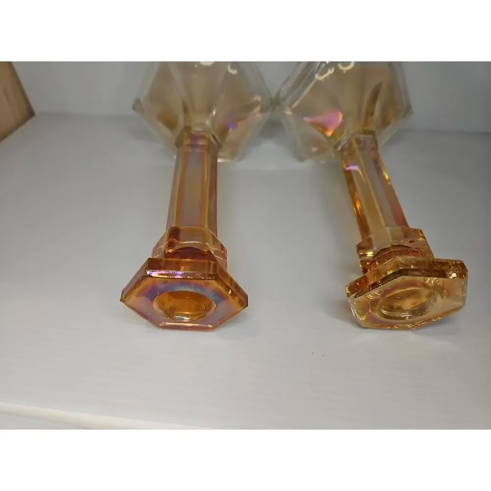 Vintage Lot of 2 Iridescent Marigold Carnival Glass Candle Stick Holders 7